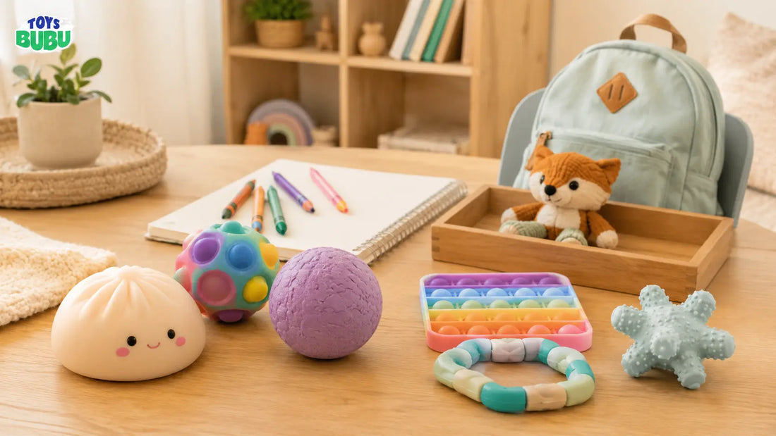 Parent buying guide image with bao bun squishy, fidget pop ball, quiet fidget toys, plush toys, backpack, and sensory play items for kids