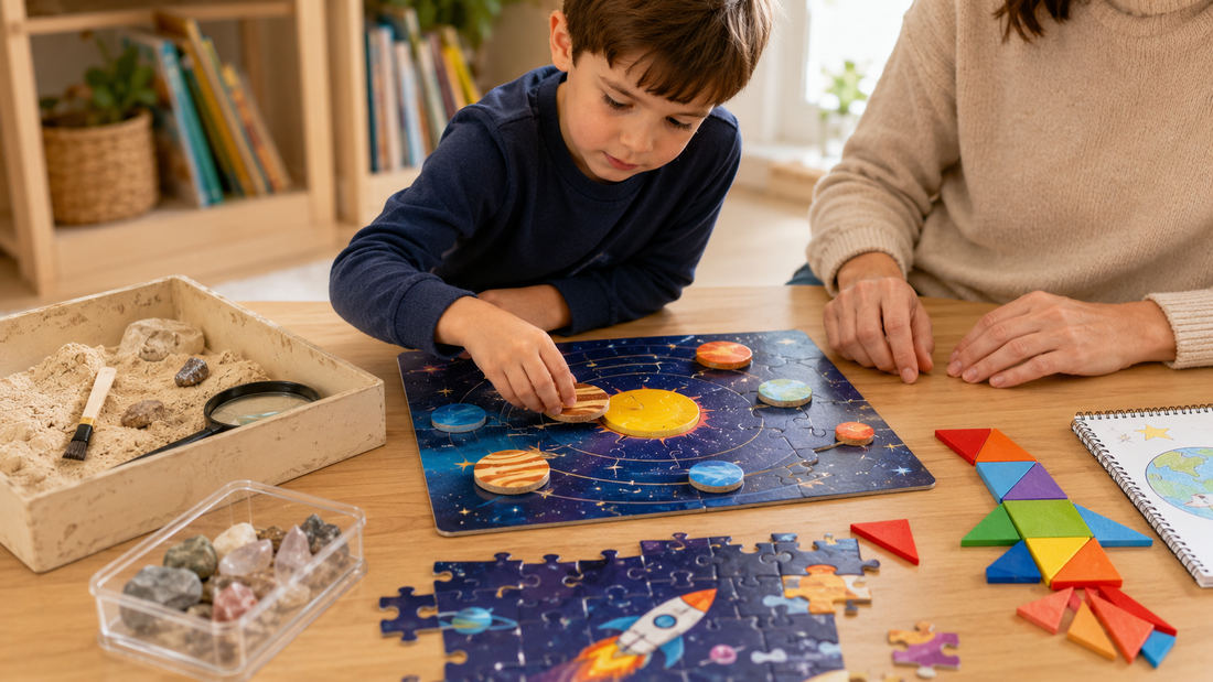 5-year-old child playing with STEM, puzzle, sticker, and creative toys in a bright playroom for a parent guide on the best toys for 5 year olds.