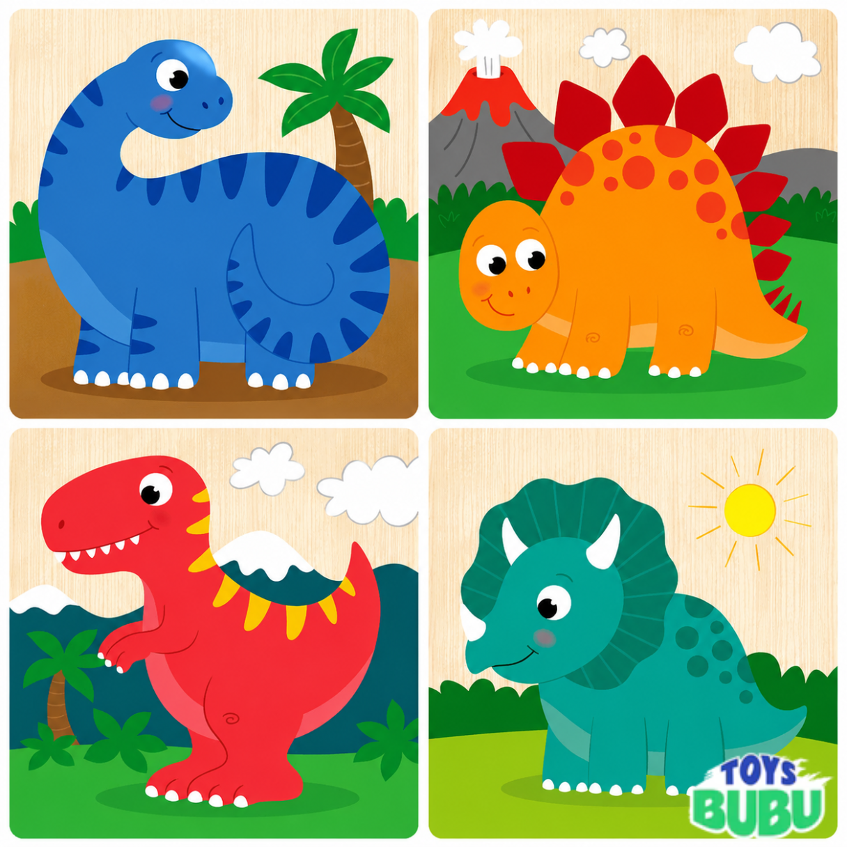 Dinosaur Chunky Wooden Puzzles - 4 Pack Toddler Learning Toy Set