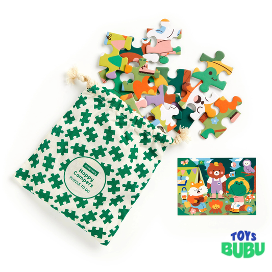 Mudpuppy Happy Campers Puzzle to Go – 36-Piece Travel Puzzle for Kids with Cotton Storage Bag