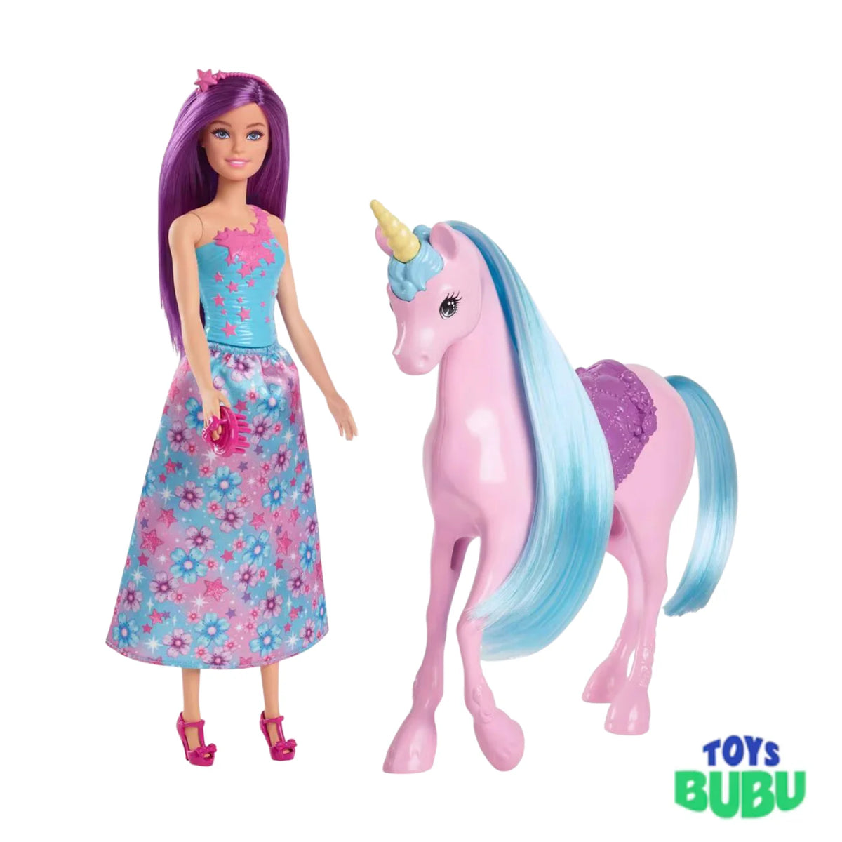 Barbie doll with a colorful unicorn companion from the Barbie Doll and Unicorn Set, designed for imaginative fantasy play.