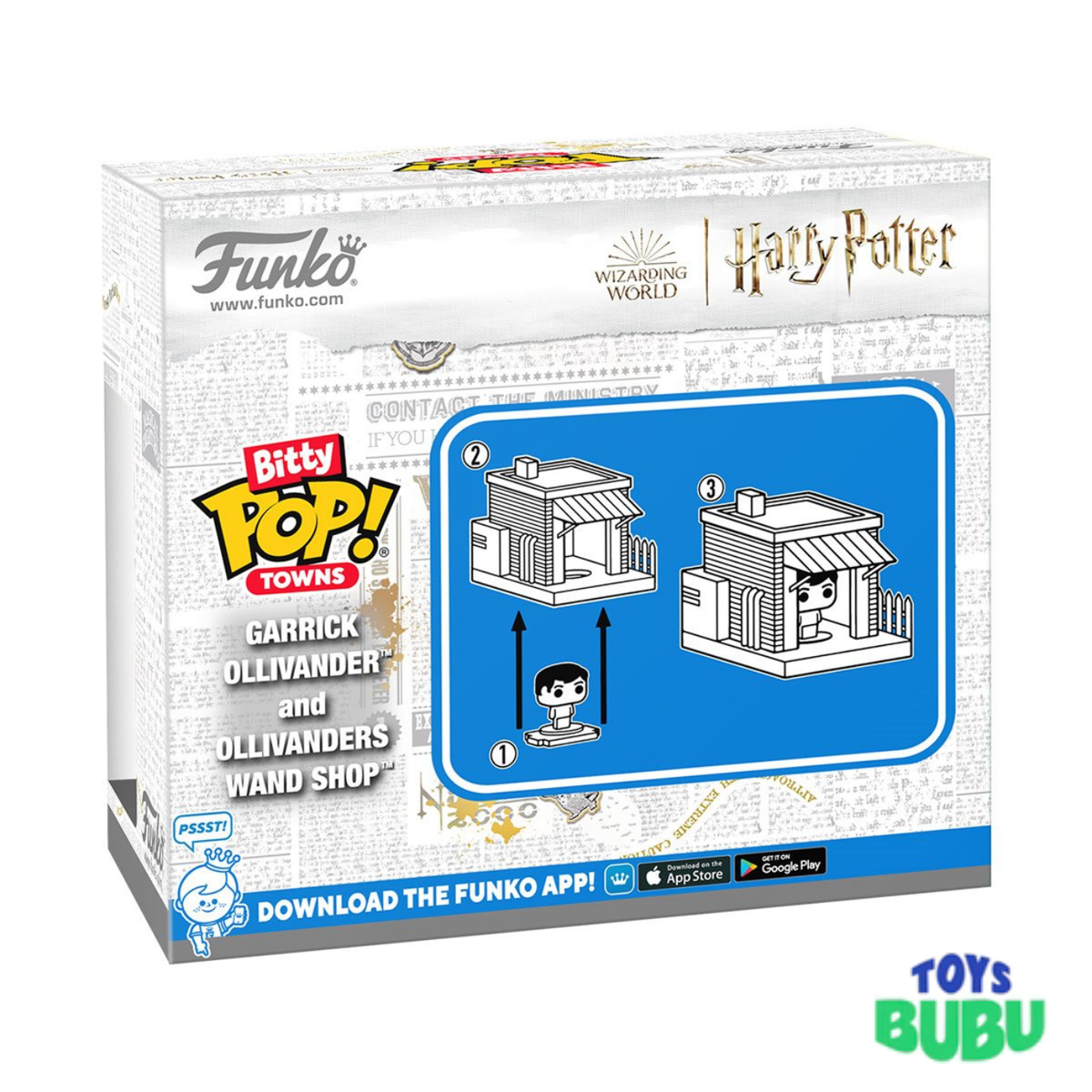 Funko Pop! Bitty Towns packaging for Garrick Ollivander and Ollivanders Wand Shop with Funko logo.