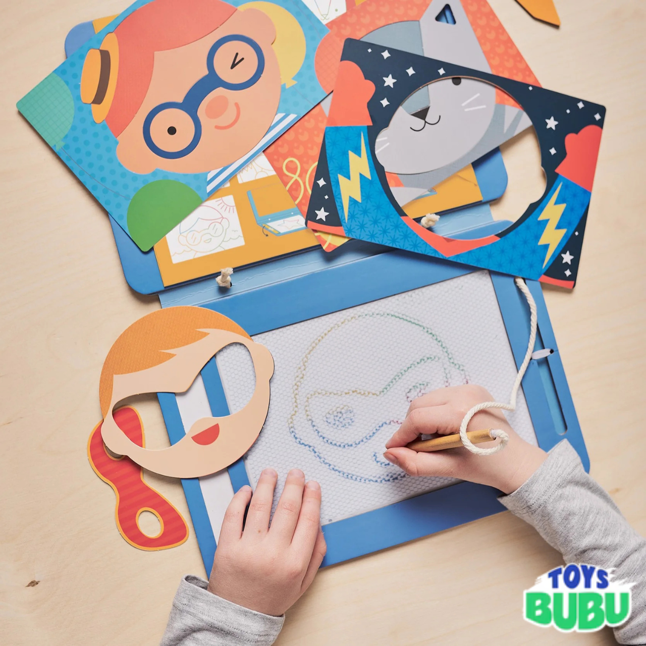Petit Collage Funny Faces Magic Sketch Board for Kids – Reusable Drawing Board with Stencils