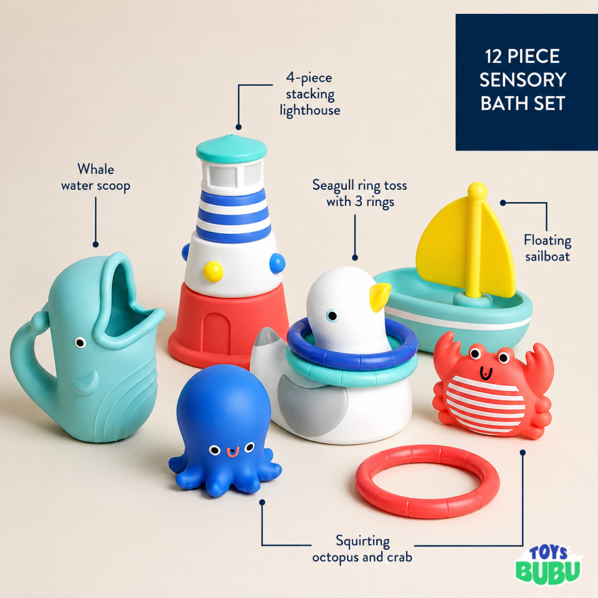 Seaside Splash Bath Toy Set – 12 Piece Nautical Water Toys for Babies & Toddlers