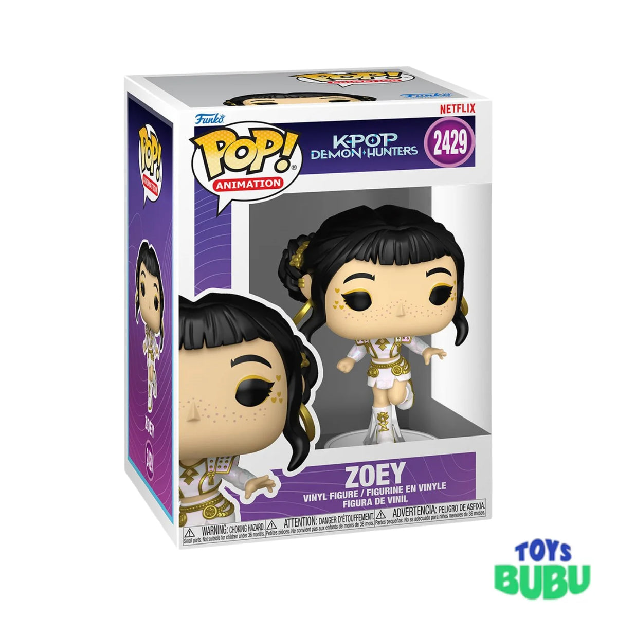 Funko Pop! Animation K-pop Demon Hunters Zoey vinyl figure in its original packaging, featuring a purple and white box with a clear front window displaying the character figure.