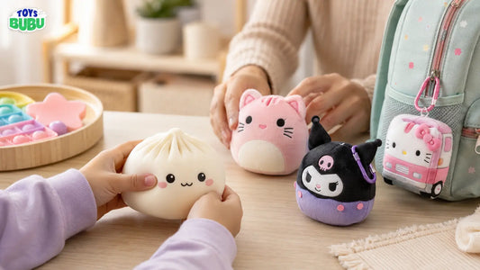 Parent choosing squishy fidget toys and soft sensory toys for kids on a playroom table
