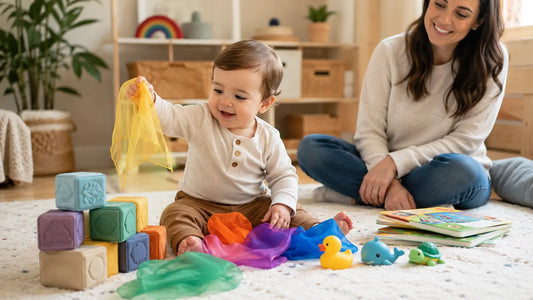One-year-old baby playing with safe educational toys including soft blocks, sensory scarves, board books, and bath toys