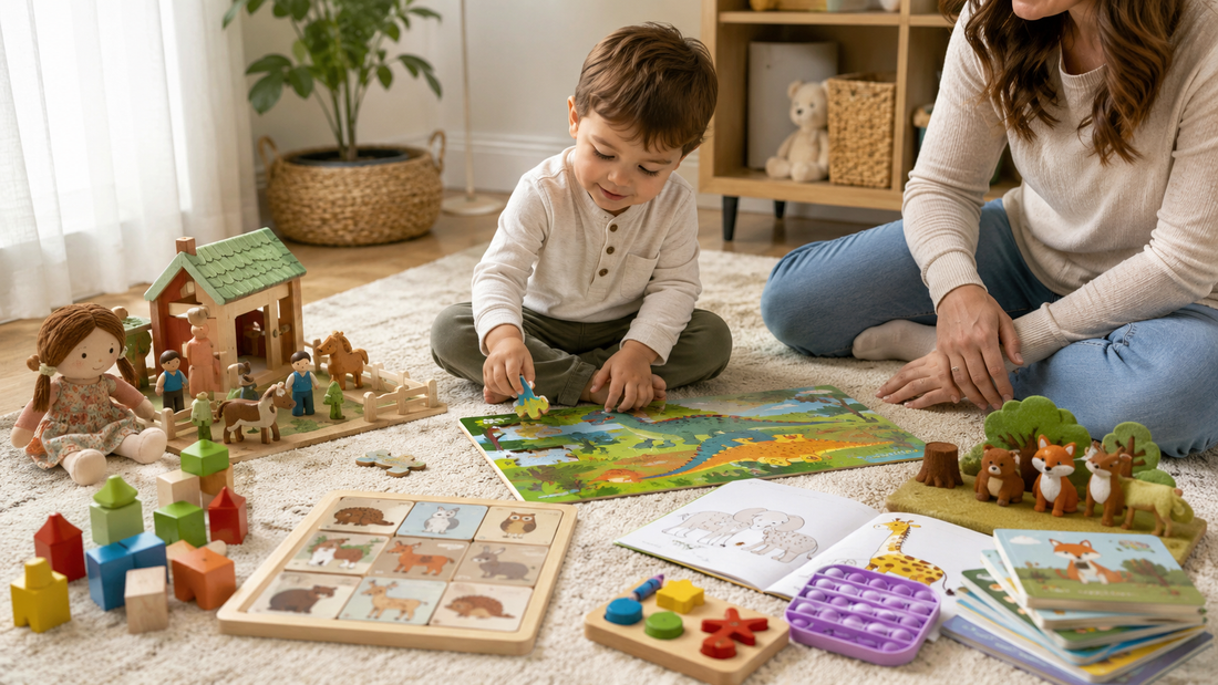 Parent and 3-year-old child playing with puzzles, books, blocks, art supplies, matching games, pretend play toys, and fidgets for a ToysBubu best toys for 3 year olds guide.