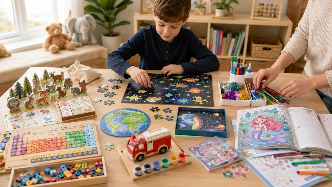 Best toys for 6 year olds including puzzles, STEM learning sets, craft kits, coloring books, and activity toys on a playroom table