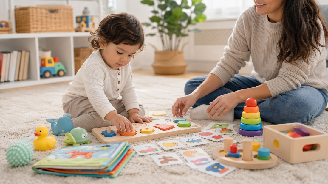 Parent and toddler playing with safe educational toys for toddlers, including puzzles, soft bath toys, books, and matching games for ages 1 to 3.