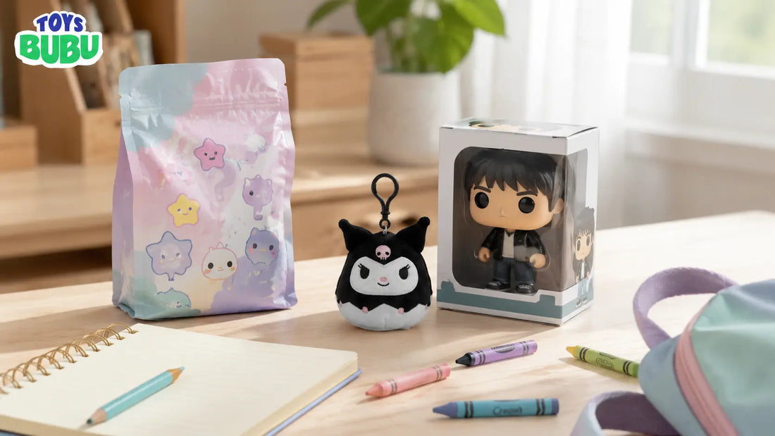 ToysBubu blog image showing a calm homework desk with a pastel mystery plush pouch, plush keychain toy, boxed collectible figure, notebook, crayons, and backpack for quiet sensory play.