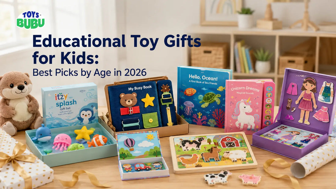 Educational toy gifts for kids by age with early learning books, bath toys, puzzles, magnetic play sets, plush toys, and craft gifts on a playroom table