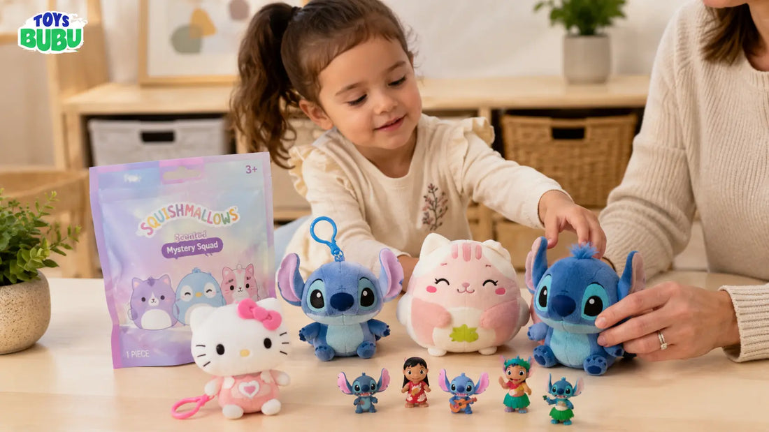 Parent arranging soft fidget toys and sensory plush toys for kids on a bright playroom table