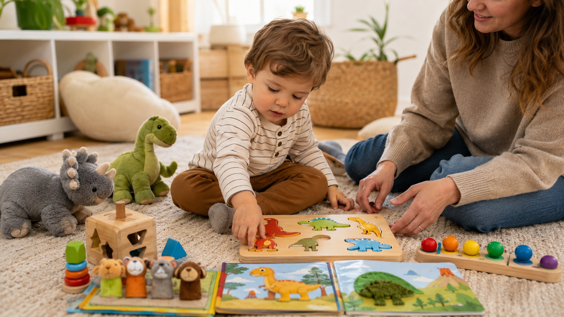 Two-year-old toddler playing with chunky wooden dinosaur puzzles, interactive books, finger puppet toys, and soft plush toys in a cozy playroom.