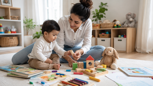 Parent choosing age-appropriate toys for kids, including early learning toys, puzzles, books, art supplies, and playsets.