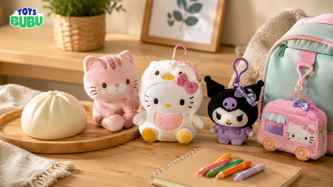 Soft sensory fidget toys, plush toys, and plush keychains arranged for calm children’s play routines