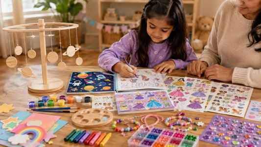 Child exploring trending toys for kids including puzzles, craft kits, sticker books, and screen-free gift ideas