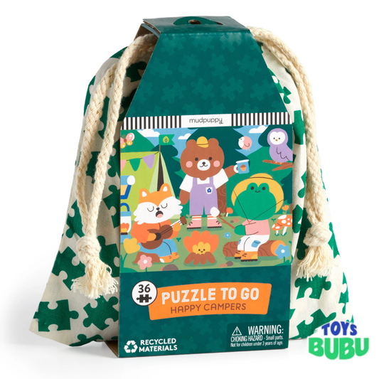 Mudpuppy Happy Campers Puzzle to Go – 36-Piece Travel Puzzle for Kids with Cotton Storage Bag