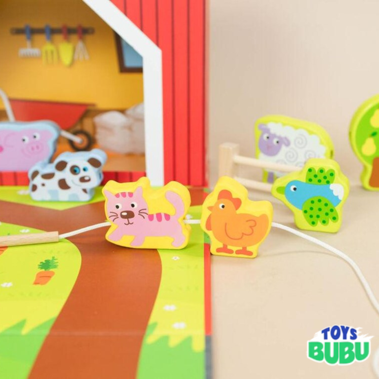 Wooden Farm Play Set with Lacing Activity – Montessori Farm Animal Learning Toy for Kids