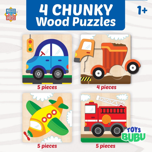 Vehicle Chunky Wooden Puzzles – 4 Pack Toddler Kids Learning Toy