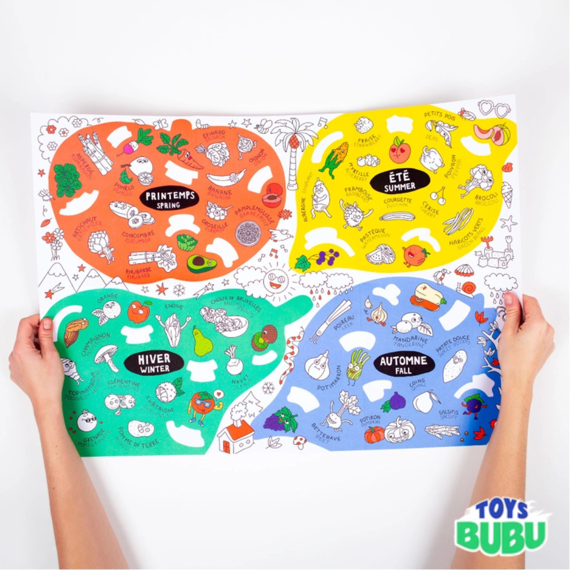 Seasonal Fruits & Vegetables Learning Poster for Kids – Bilingual Sticker Activity (Ages 6+)