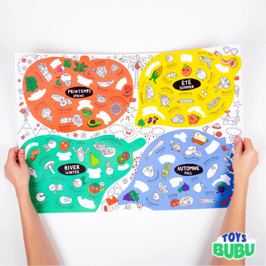 Seasonal Fruits & Vegetables Learning Poster for Kids – Bilingual Sticker Activity (Ages 6+)