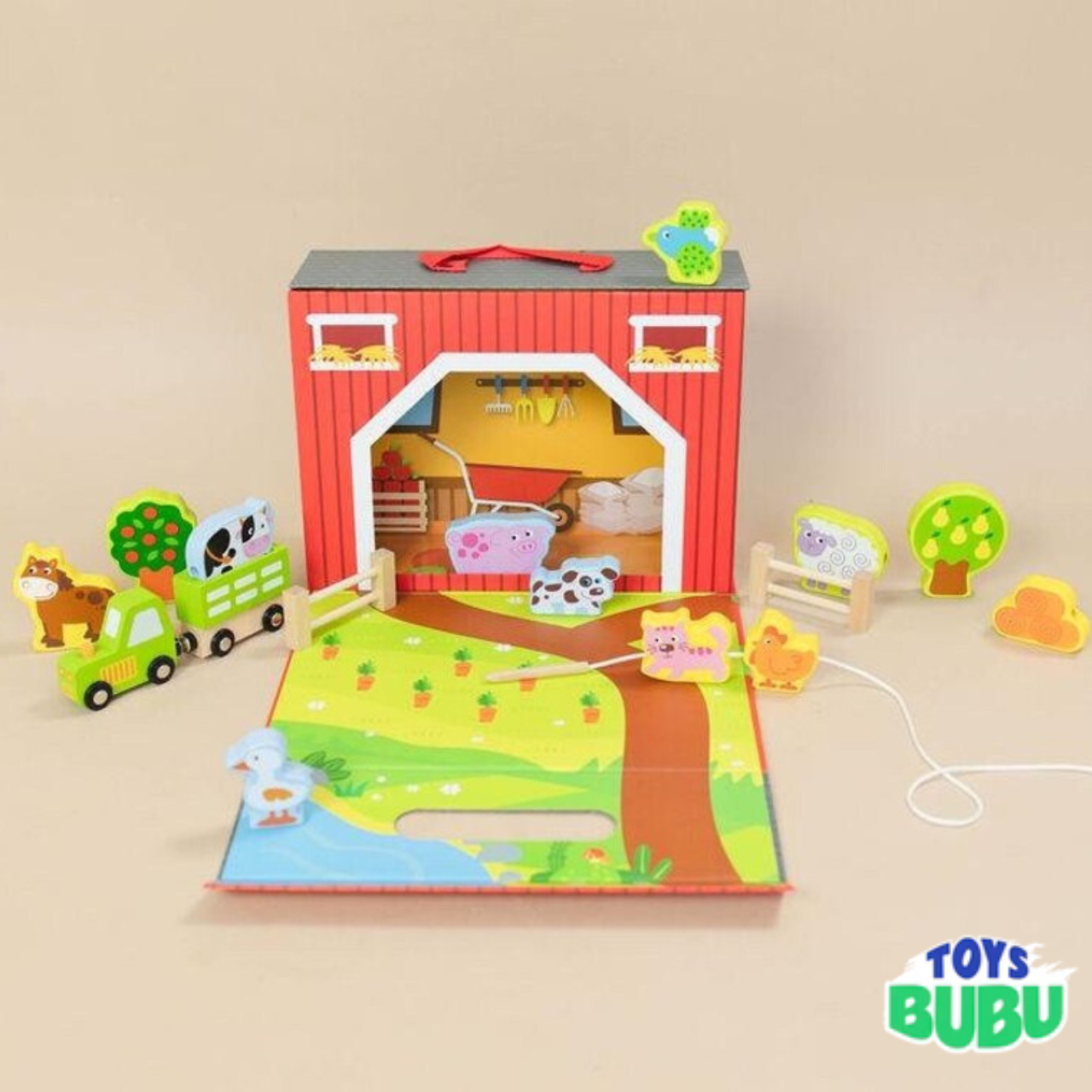 Wooden Farm Play Set with Lacing Activity – Montessori Farm Animal Learning Toy for Kids