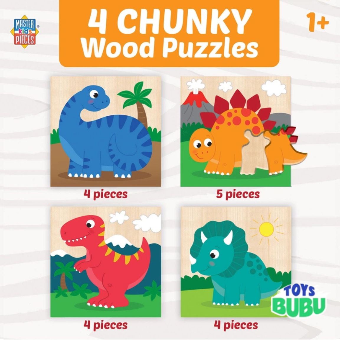 Dinosaur Chunky Wooden Puzzles – 4 Pack Toddler Kids Learning Toy