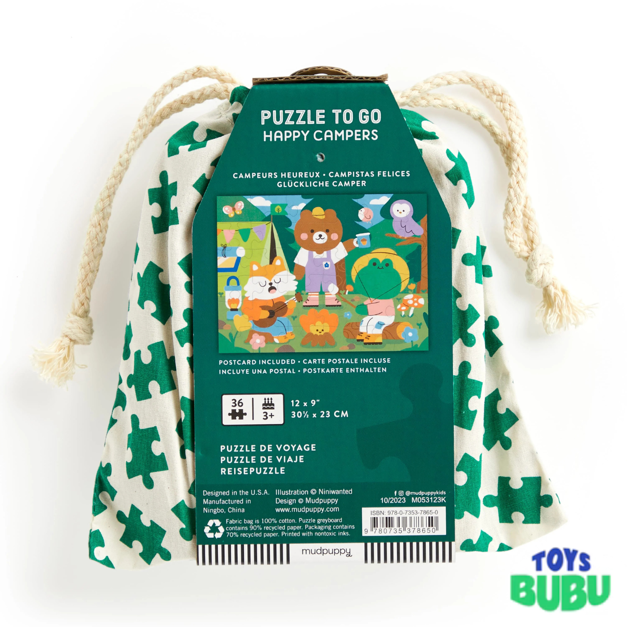 Mudpuppy Happy Campers Puzzle to Go – 36-Piece Travel Puzzle for Kids with Cotton Storage Bag