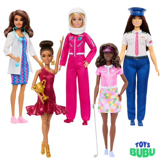 Barbie Career Doll Assortment featuring Ballroom Dancer, Pastry Chef, Gymnast, and Figure Skater dolls with career-themed outfits and accessories.