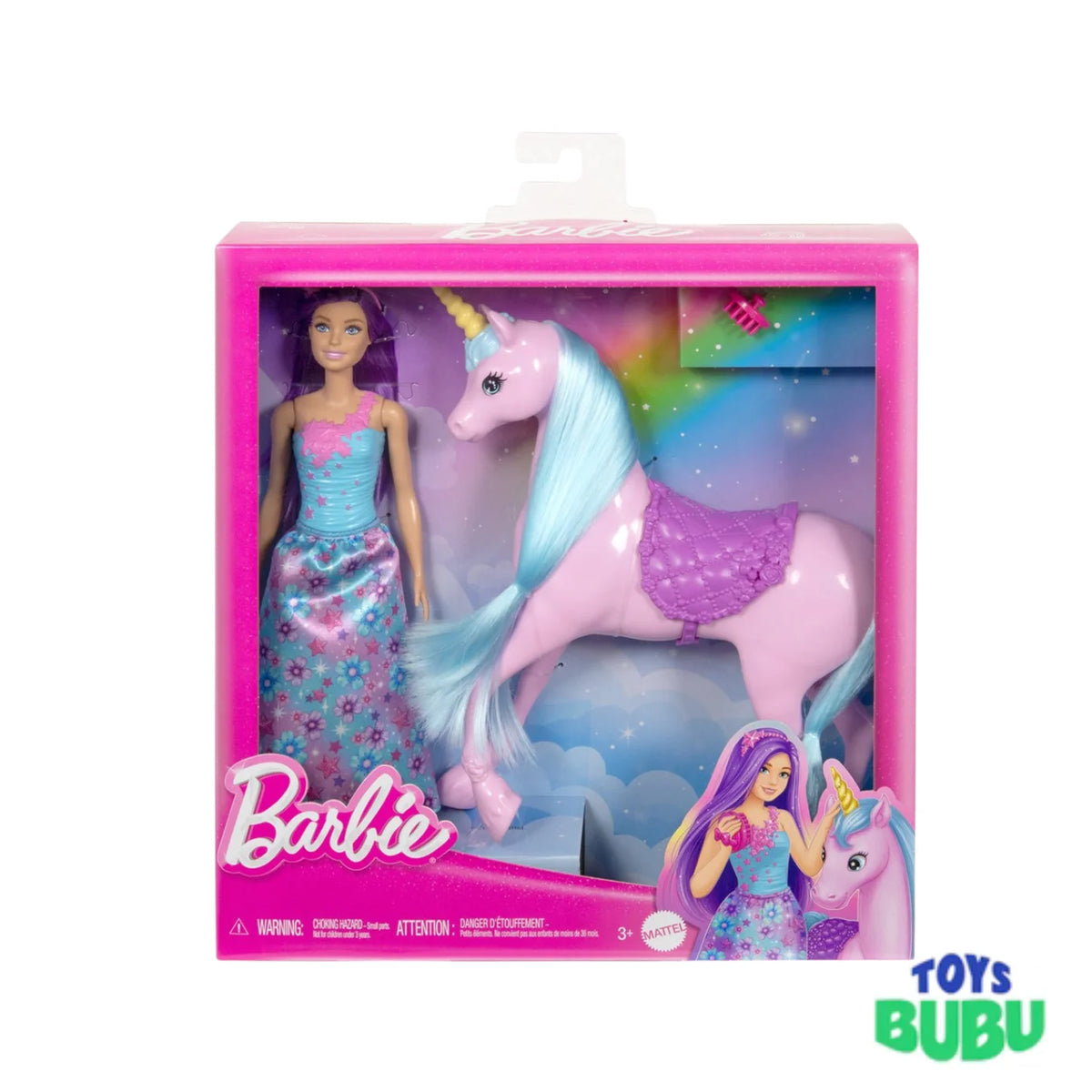 Barbie doll with a colorful unicorn companion from the Barbie Doll and Unicorn Set, designed for imaginative fantasy play.