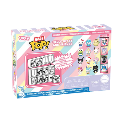 Funko Bitty Pop! Hello Kitty and Friends toy set box, featuring colorful packaging with illustrations of collectible figures and a display tray, photographed on a clean white background.