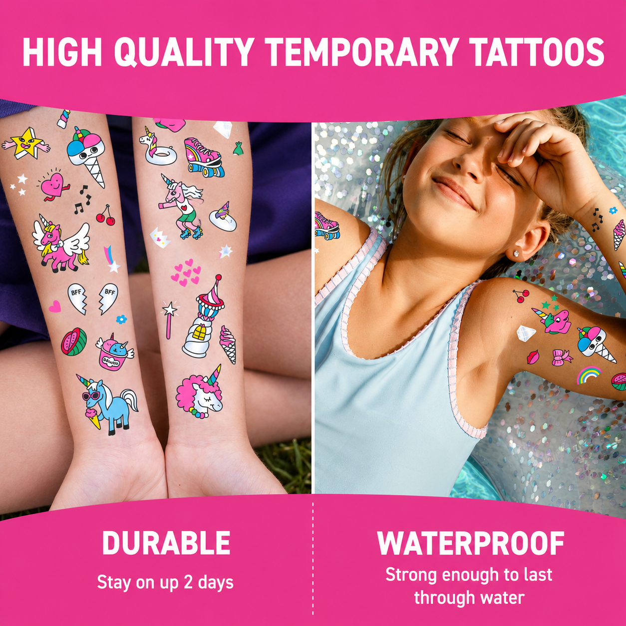Unicorn Temporary Tattoos for Kids by OMY – 50 Neon & Gold Party Tattoos (Ages 3 and above)