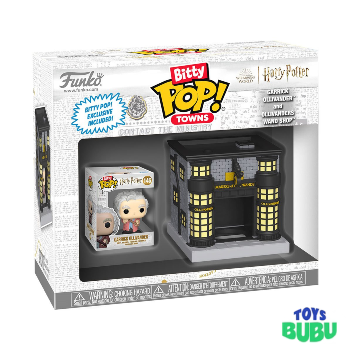 Funko Bitty Pop! Towns packaging with a figure and store model, featuring Harry Potter theme.