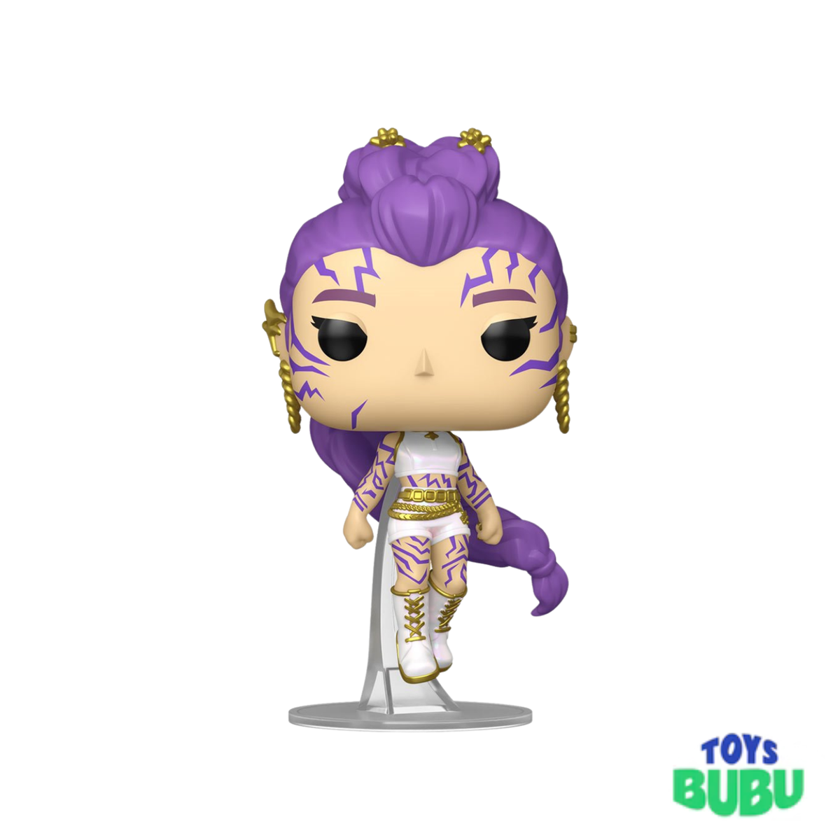 Funko Pop! vinyl figure with purple hair and white outfit on a white background, branded 'BUBU'.
