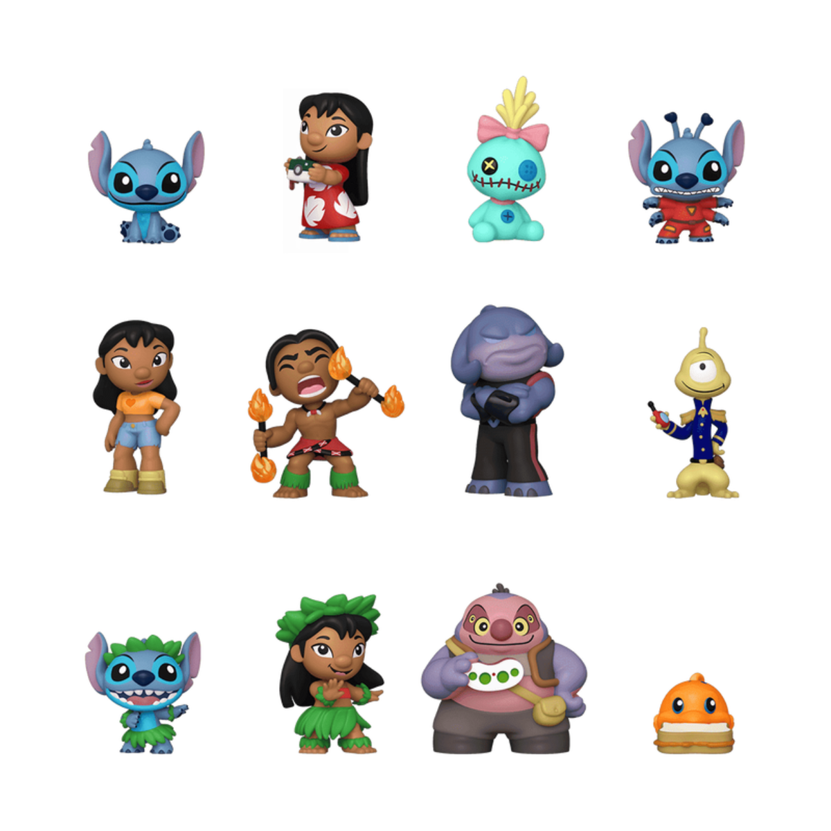 Collection of colorful animated character figurines on a white background
