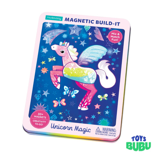 A square metal tin package for a children's toy called 'Magnetic Build-It' by PlayFables. The front features a colorful illustration of a pink winged unicorn on a dark blue starry background, with text including 'Unicorn Magic' and '20+ MAGNETS'.