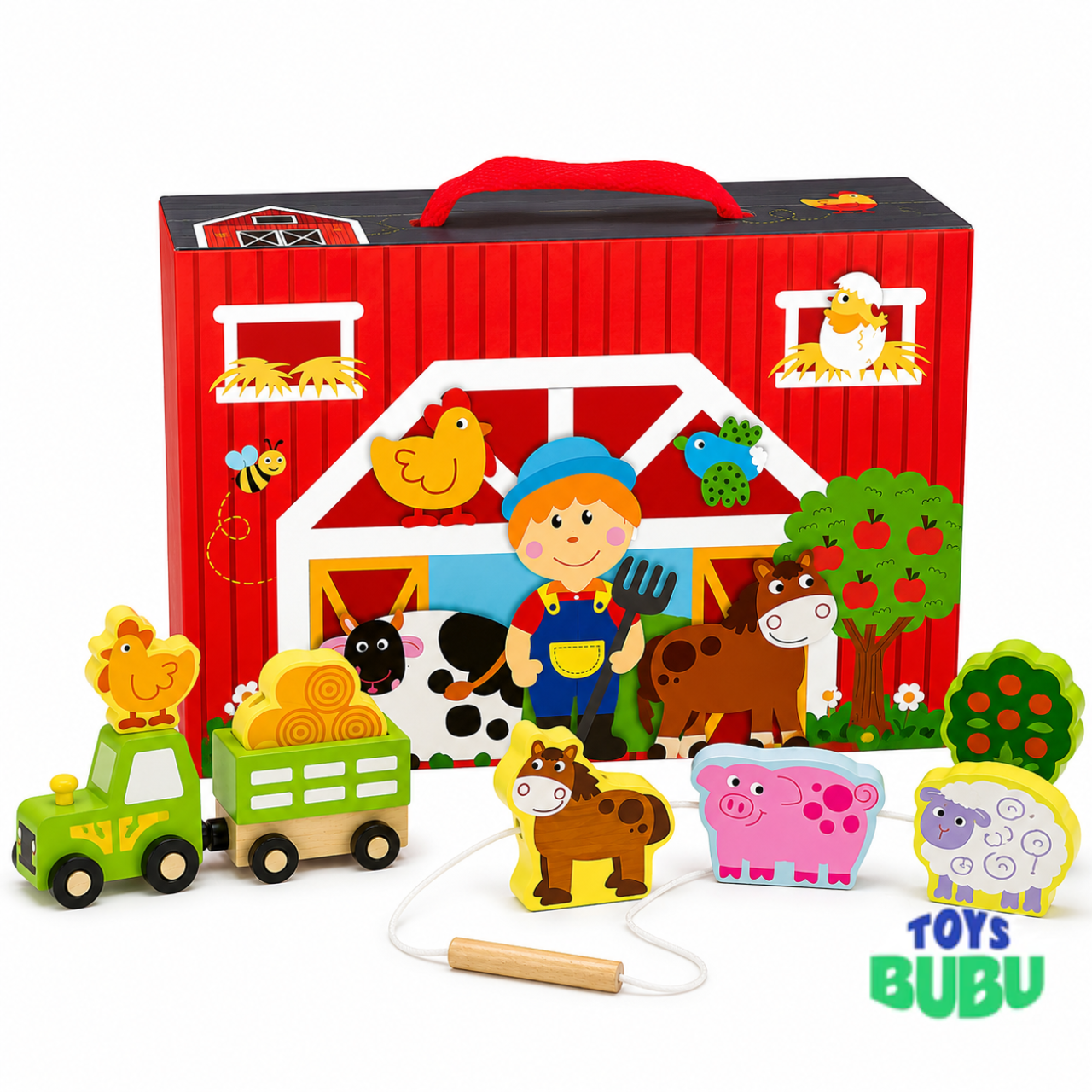 Wooden Farm Play Set with Lacing Activity – Montessori Farm Animal Learning Toy for Kids