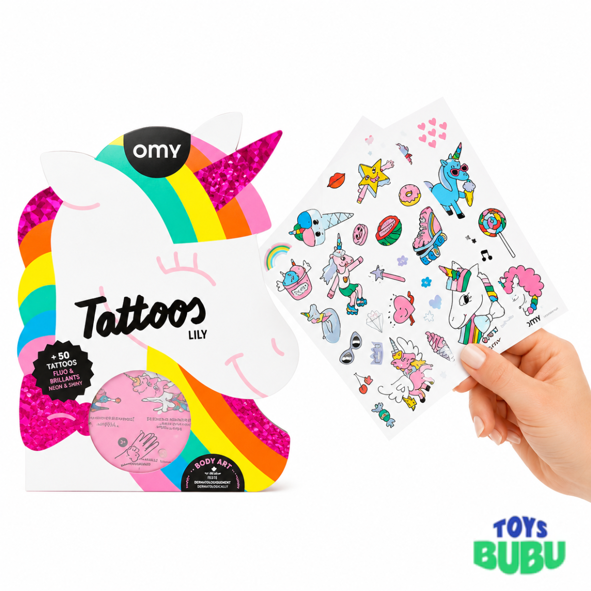 Unicorn Temporary Tattoos for Kids by OMY – 50 Neon & Gold Party Tattoos (Ages 3 and above)