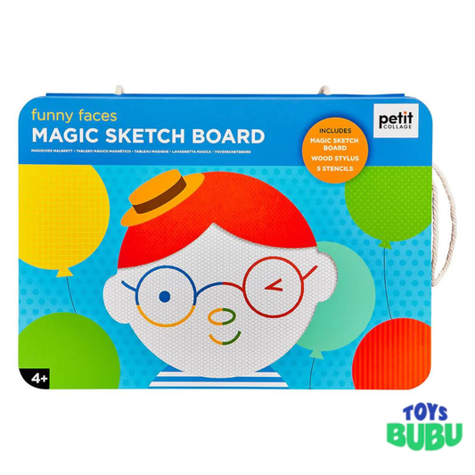 Petit Collage Funny Faces Magic Sketch Board for Kids – Reusable Drawing Board with Stencils