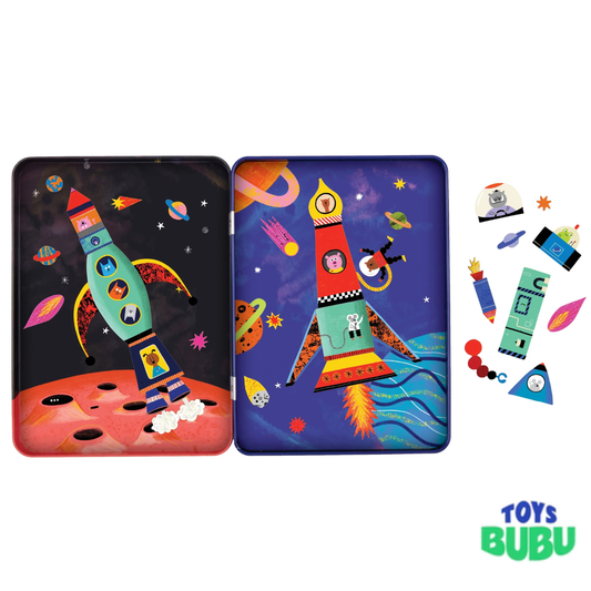 Mudpuppy Rocket Ships Magnetic Build-It Tin – Magnetic Space Craft Building Set for Kids