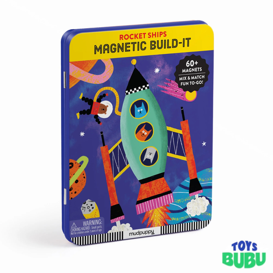 Mudpuppy Rocket Ships Magnetic Build-It Tin – Magnetic Space Craft Building Set for Kids