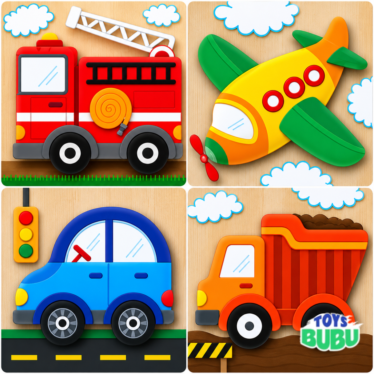 Chunky Wooden Vehicle Puzzle Set – 4 Pack Educational Puzzles for Toddlers