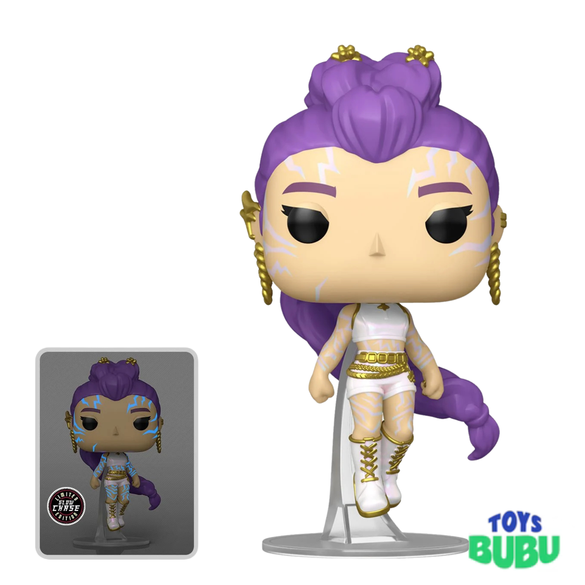 Funko Pop! vinyl figure with matching card on a white background, featuring a character with purple hair and white outfit.