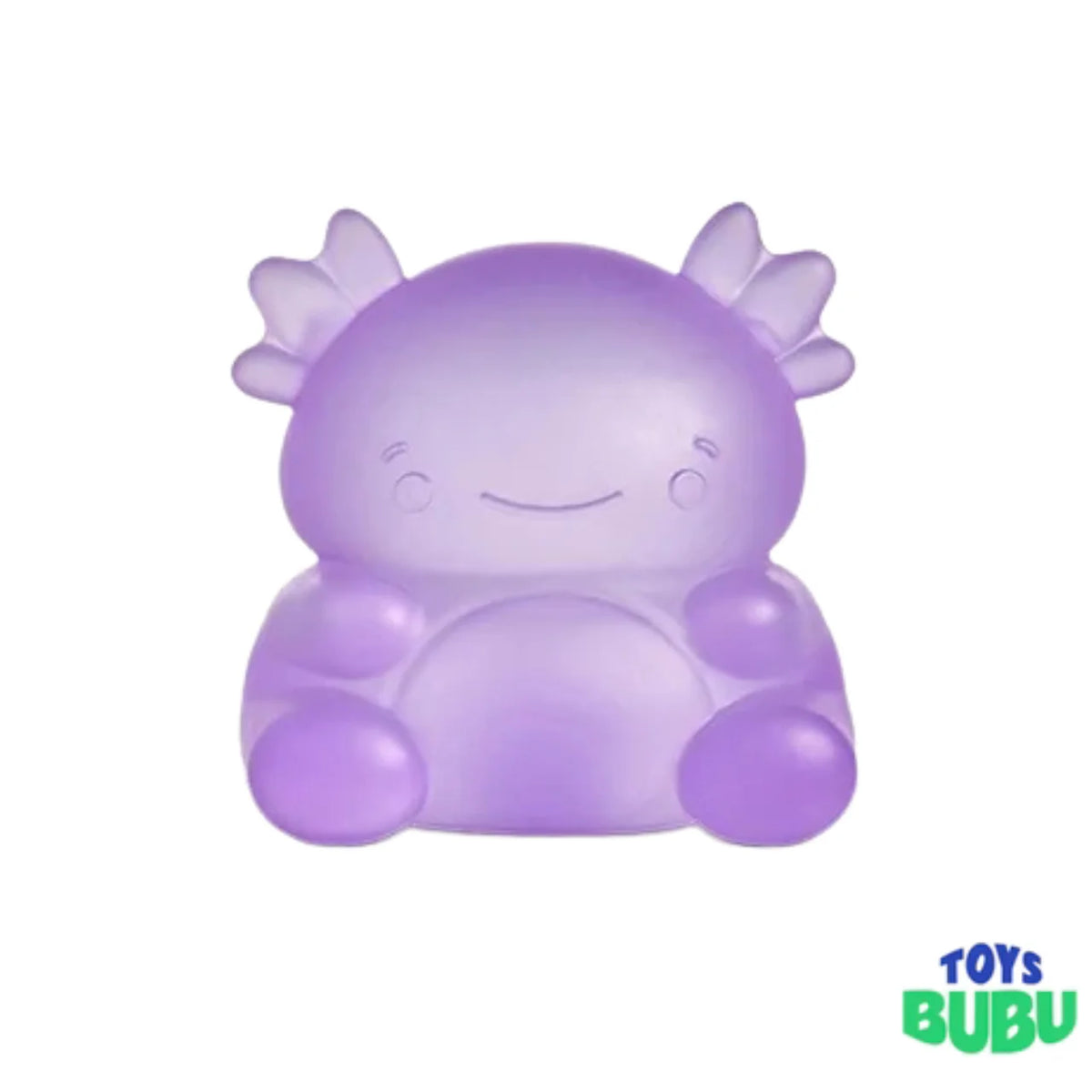 A cute, translucent purple axolotl-shaped toy with a smiling face, set against a plain white background with a 'TOYS BUBU' logo in the bottom right corner.