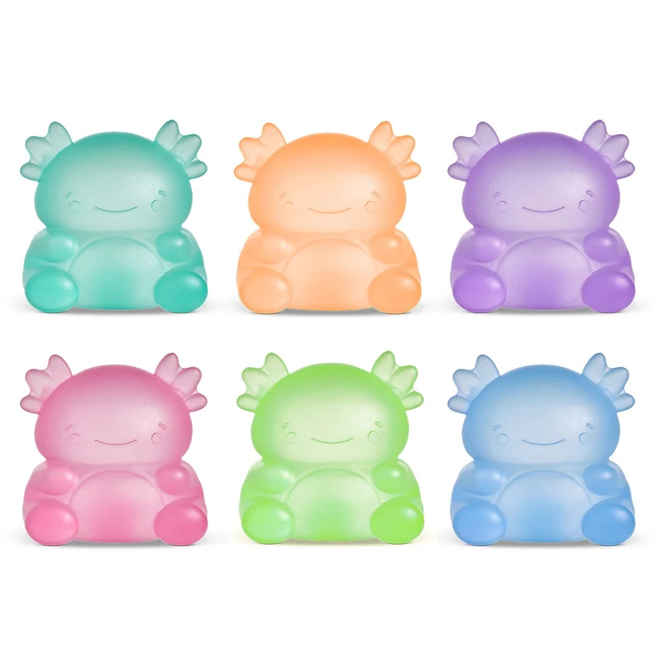 Six small cartoon axolotl-shaped figurines in pastel colors arranged in two rows on a white background. The colors include mint green, peach, lavender, pink, light green, and light blue.