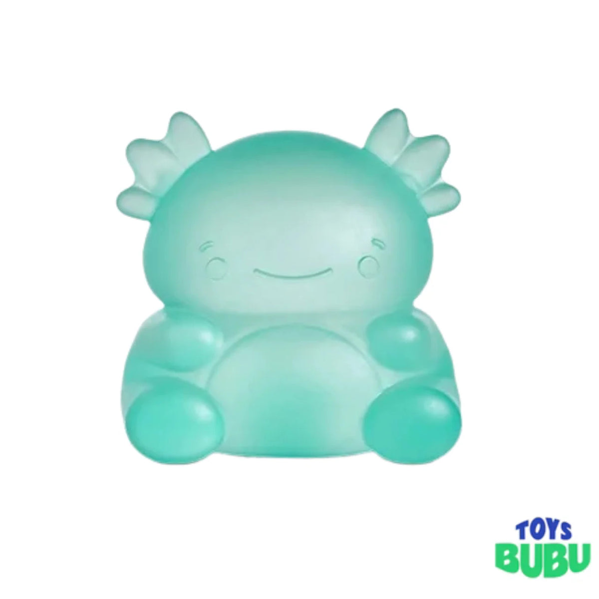 A mint green, translucent silicone axolotl-shaped toy with a smiling face, shown on a plain white background with a 'TOYS BUBU' logo in the bottom right corner.